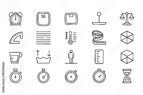 Minimalist measurement and scale line icon set for metrics and analytics design