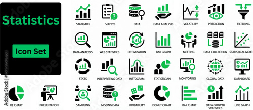 Silhouette vector of Statistics icon set. Icons of analytics, insight, metrics, dashboard, chart, graph, trend, algorithm, statistics, database. Solid icons set.