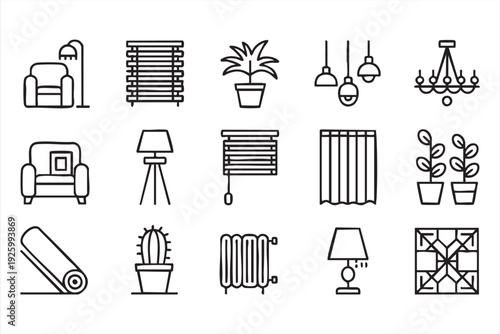 Minimalist home interior line icon set for furniture and decor design projects