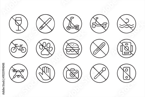 Minimalist prohibition and restriction line icon set for safety and public signage