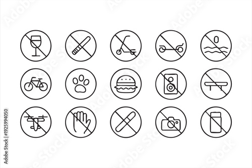 Modern forbidden outline icons collection for warning signs and regulation design