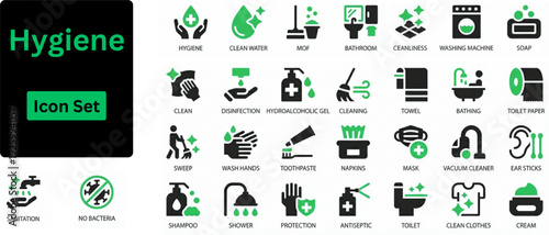 Silhouette vector of Hygiene icon set. Personal hygiene and cleaning icon set showing daily routine activities like washing hands, brushing teeth, showering, and bathing . Solid icons set.