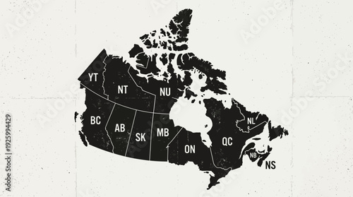 Vintage Grunge Canada Map: All Provinces and Territories with Two-Letter Abbreviations