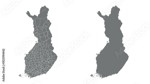 Finland Map Set: Detailed Geographic Outline with Administrative Divisions and Solid Silhouette in Grey on White Background for Presentations & Data Visualization