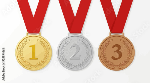 First, Second, Third Place Medals: Gold, Silver, Bronze on Red Ribbons