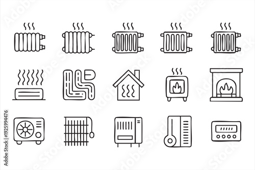 Heating system line icons featuring radiator electric heater and home comfort symbols