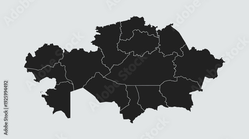 Kazakhstan Map with Administrative Divisions - Black Silhouette of Central Asian Country's Regions and Provinces
