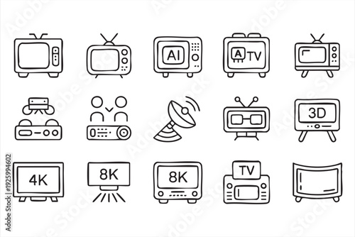 Retro television icon set in minimalist line art style for media and technology projects