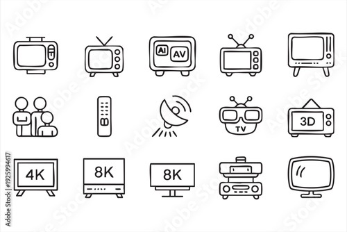 Vintage TV outline icons collection with 4K 8K and smart display concepts