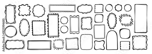 Doodle wave frame set, hand drawn vector illustration scribble pencil style. Whimsical abstract linear borders square oval arch shapes wave round elements. Minimal decorative text boxes various forms