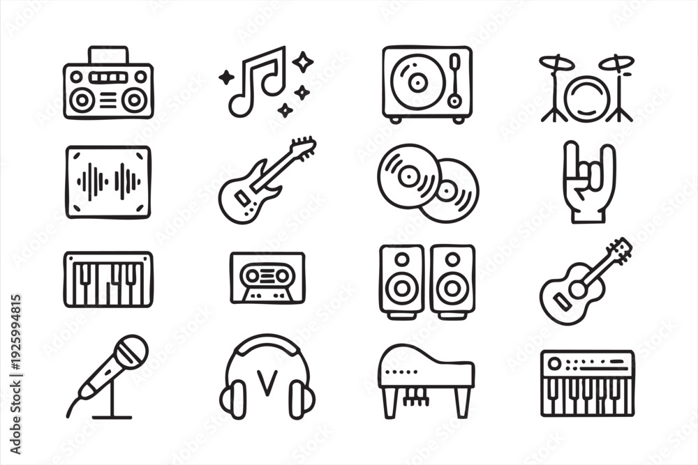 Fototapeta premium Music and audio icon set with instruments vinyl and sound equipment symbols