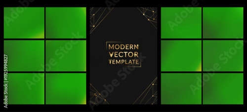 Vivid green gradients arranged in neat squares flank a sleek dark center with fine gold lines, perfect for eco branding, tech visuals, or contemporary presentations.