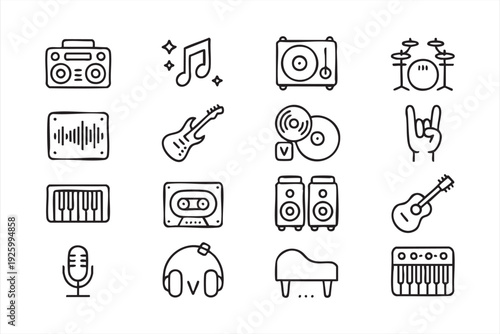 Black and white music icons featuring instruments and recording equipment
