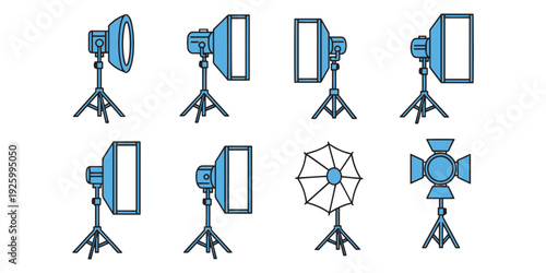 Eight blue studio flash lights on stands for photography equipment
