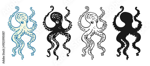 Octopus vector illustration in multiple styles grunge textured look, bold silhouette and doodle line drawing. Vintage hand drawn sea creature octopus kraken. Nautical or marine monster ocean animal