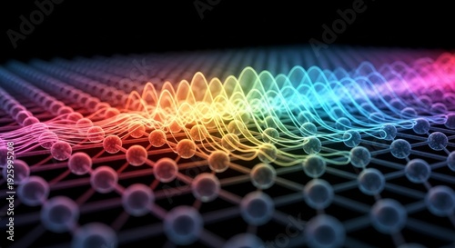 Microscopic visualization of energy transfer through a regular atomic lattice structure, showing thermal waves propagating across the material, nucleus, physical, thermal