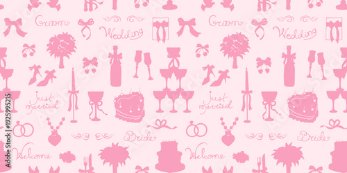 Whimsical wedding seamless pattern in hand drawn silhouette style. Coquette vintage mood with romantic elements, cakes, champagne, candles, bows and love symbols shape. Elegant casual ornament