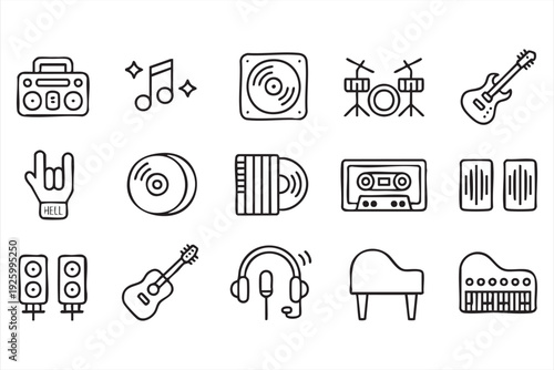 Audio and music outline icon collection with piano guitar and microphone
