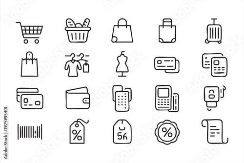 Retail and commerce outline icon collection with checkout and discount elements