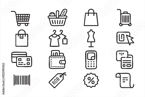 Black and white shopping icons for retail and online marketplace design