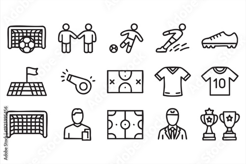 Black and White Football Line Icons Set for Team Strategy, Match Analysis, and Media Design