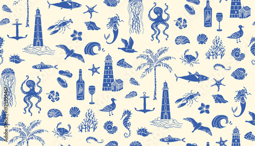 Hand Drawn Coastal Living Seamless Pattern, Ocean Travel Stamp with Mediterranean Travel Silhouette. Italian and Spanish Summer Mood Featuring Food Wine, Amalfi Coast Seafood Seaside Aesthetic
