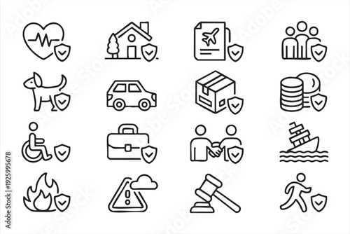 Comprehensive Insurance and Protection Outline Icon Pack for Business and Financial Services Design