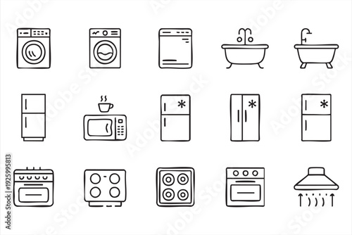 Cooking and Laundry Device Line Icon Set for Smart Home and Technology Platforms