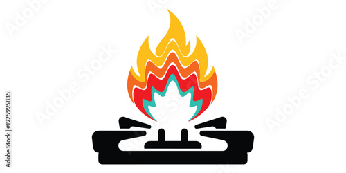 Colorful flame on a black stove isolated on white background