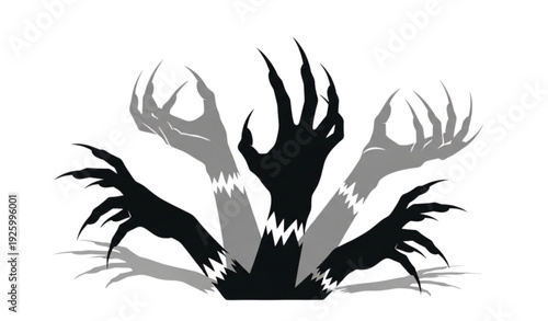 Halloween zombie hand silhouettes with long creepy claws and shadow overlay effect isolated on white background vector illustration
