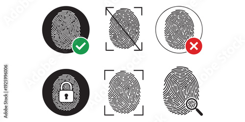 Collection of fingerprint icons in various verification and authentication states on white background