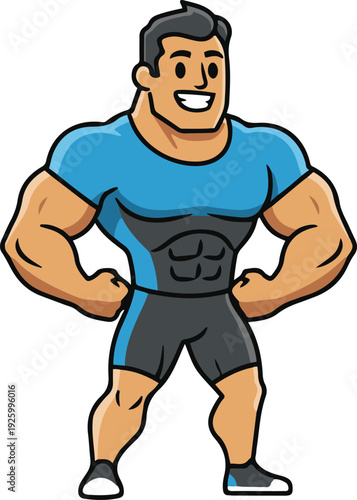 Strong muscular man cartoon character posing confidently, athletic bodybuilder in sportswear, flat style illustration isolated on white background.