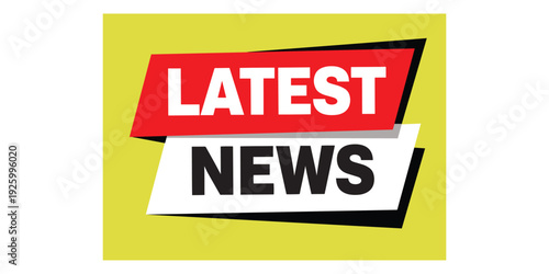 Latest news logo with red and white banners on yellow background