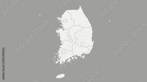 Minimalist 3D Map of South Korea with Administrative Divisions - White Outline of Korean Provinces on Grey