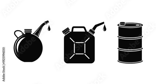 Fuel containers in black including an oil can jerrycan and barrel silhouette