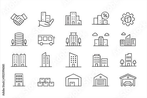 Commercial Real Estate and Building Outline Icon Pack for Property Business Design