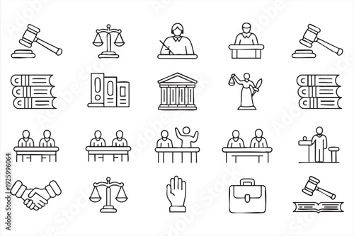 Courtroom and Attorney Outline Icons for Web and App Interfaces