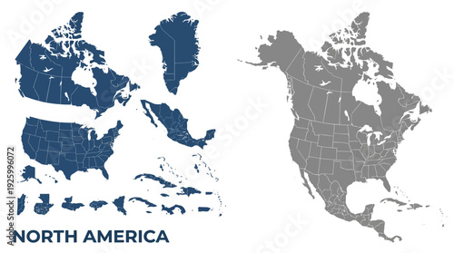 North America Detailed Vector Map Set: Continent, Countries, States, Provinces. Customizable Geographic Elements.