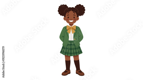 Happy African American Schoolgirl Illustration in Green Uniform. Smiling Young Black Female Student Character Ready for Class, Isolated.