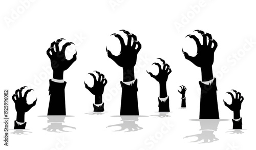 Terrifying Halloween zombie and monster claw hand silhouettes with dramatic shadow overlay isolated on white background