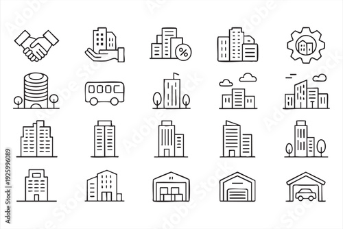 Black and White Property Development Line Icons for Corporate and Urban Projects