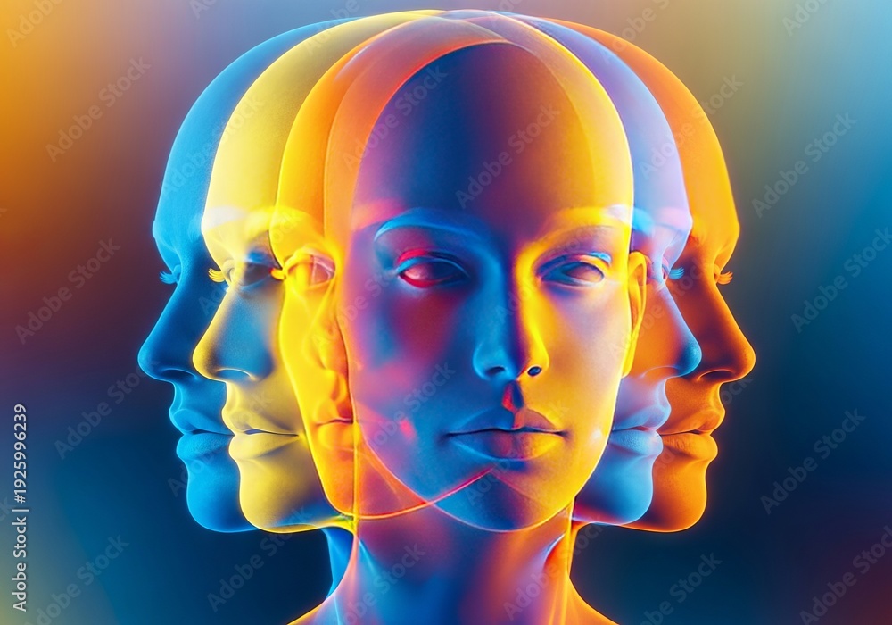 Obraz premium Abstract portrait composed of spectral layers. Overlapping visages merge into a unified, shifting identity representing alternate dimensions, overlapping, abstract art, artistic