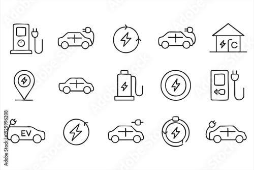 Sustainable Mobility and EV Power Outline Symbols for Web and UI Interfaces