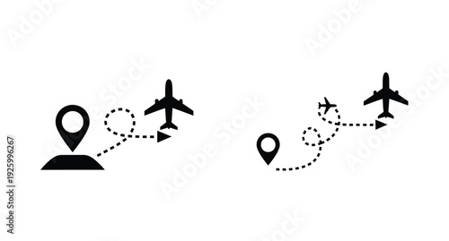 Two airplane routes from departure to destination black silhouette
