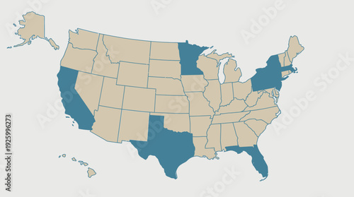 United States Map with 15 Key States Highlighted in Blue for Data Visualization and Regional Analysis
