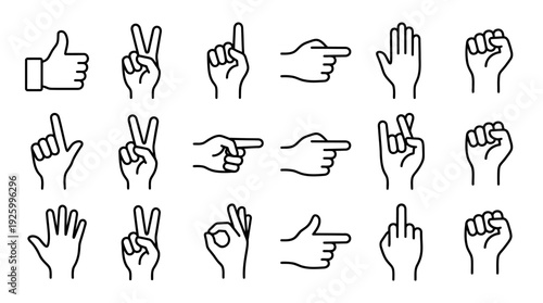 Diverse Hand Gestures Outline Icons. Communication, Direction & Emotion Symbols Set.
