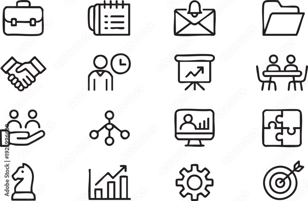 Fototapeta premium Office Productivity and Teamwork Outline Icons Featuring Analytics and Planning