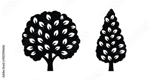 Black trees with rounded and conical shapes depicted as a silhouette