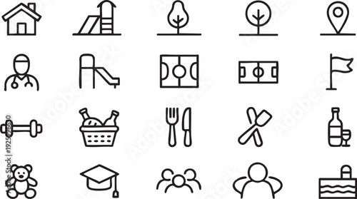 Lifestyle and Recreation Vector Icons Featuring Home, Fitness, School and Dining