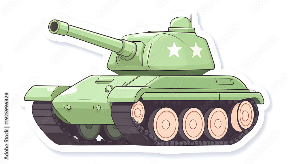 Fototapeta premium Kids playing with a green tank sticker featuring transport vehicle with stars on a fun sticker